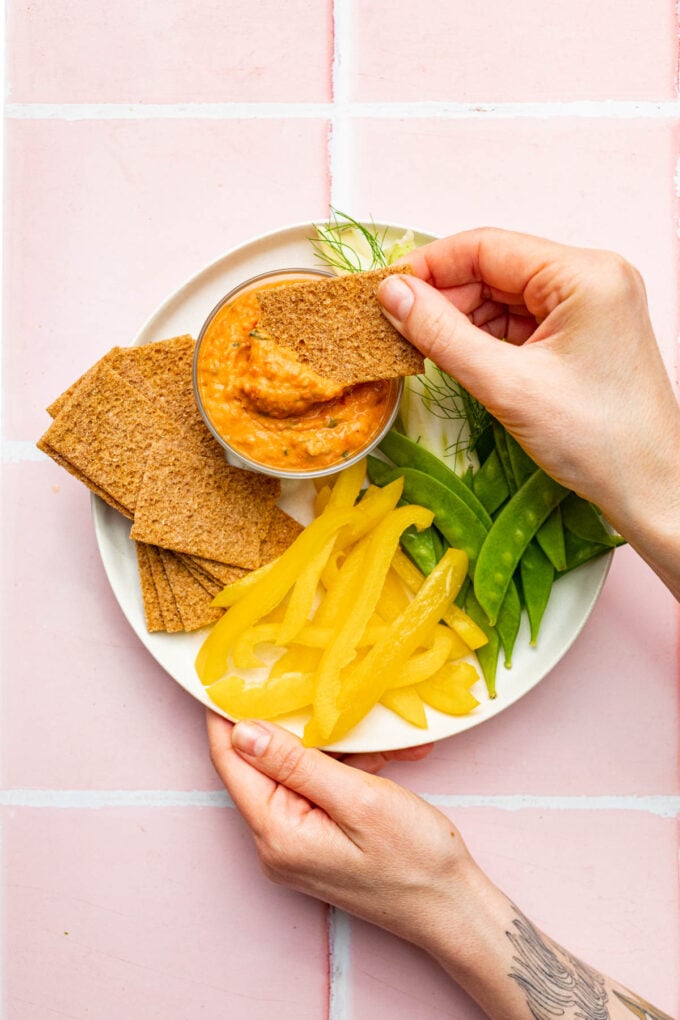 hand holding cracker with red pepper dip and vegetables