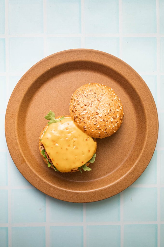 burger with cheese on brown plate