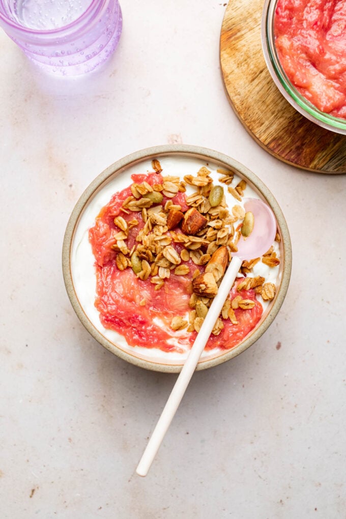 bowl with rhubarb compote, yogurt and granola