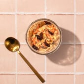 carrot cake overnight oats with gold spoon
