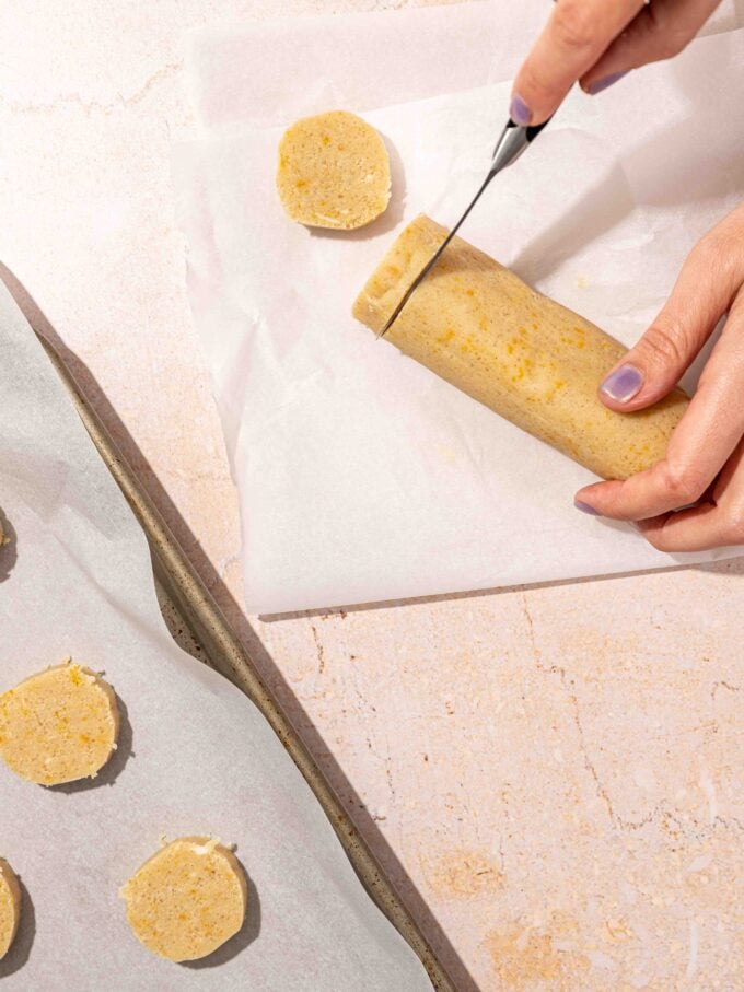 hand slicing shortbread dough