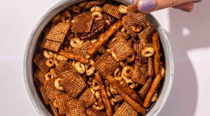 Baked Vegan Chex Mix Snack with Nutritional Yeast